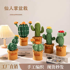 跨境成品现货手工毛线编织仙人掌盆栽办公室桌面摆件圣诞节装饰