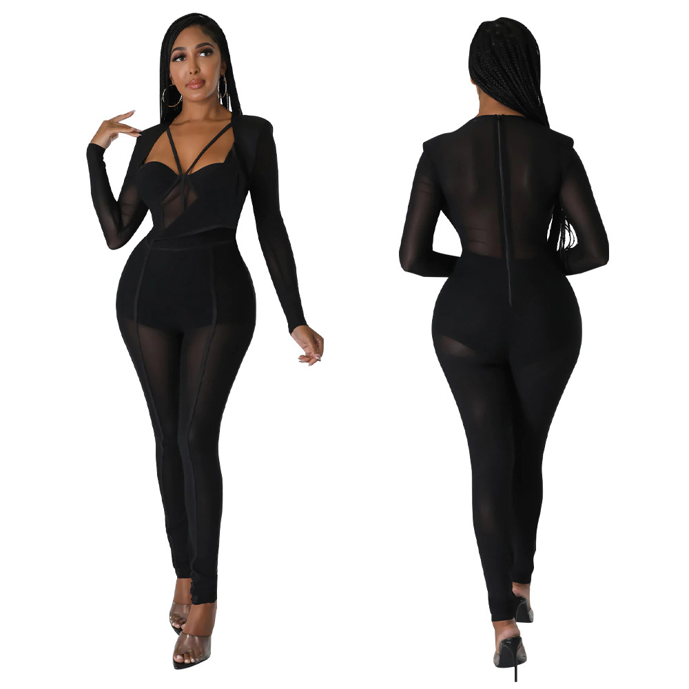 365 europeo y americano transfronterizo de color sólido sexy ver-a través de los pantalones del club nocturno AliExpress Amazon popular V-cuello apretado Mono para las mujeres