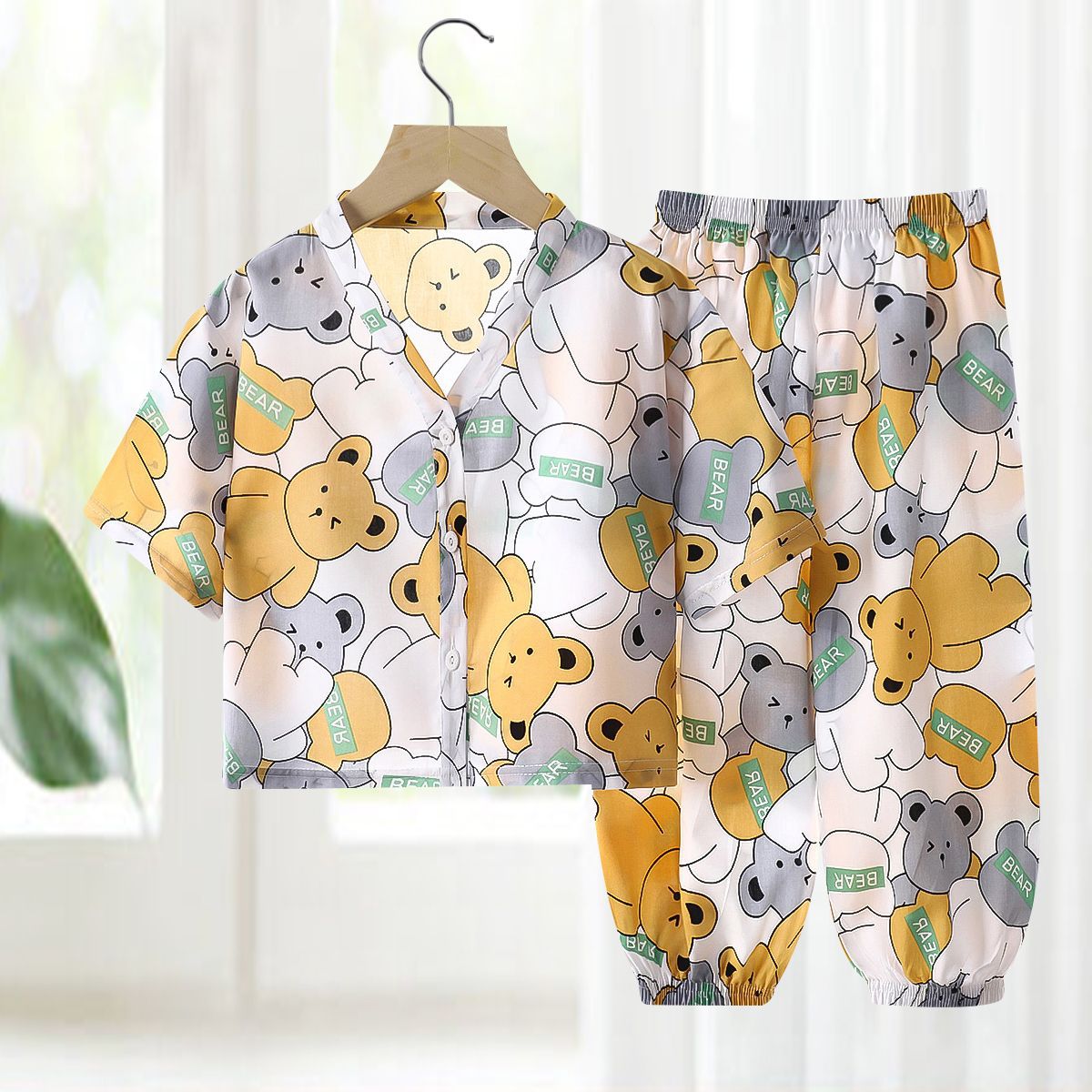Pajamas de seda de algodón para niños, ropa de aire acondicionado de algodón artificial de verano, ropa para niños y niñas, ropa para el hogar de seda de algodón, dos juegos de ropa infantil