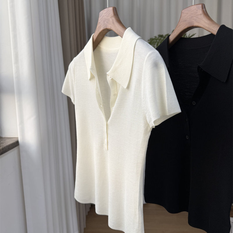 Qiao Mi Acetate Wool Polo Shirt, Imported 2-Ply 80-Count Fine-Spun Half-Button Thin Knit Short-Sleeve Women's Top Qiao Mi Acetate Wool Polo Shirt, Imported 2-Ply 80-Count Fine-Spun Half-Button Thin Knit Short-Sleeve Women's Top
