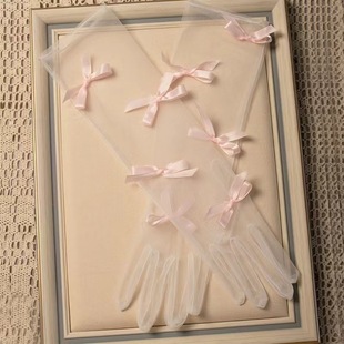 Bridal Gloves Pink Cute Princess Bow Mid-length Simple All-match Photo Portrait Wedding Dress Modeling Accessories