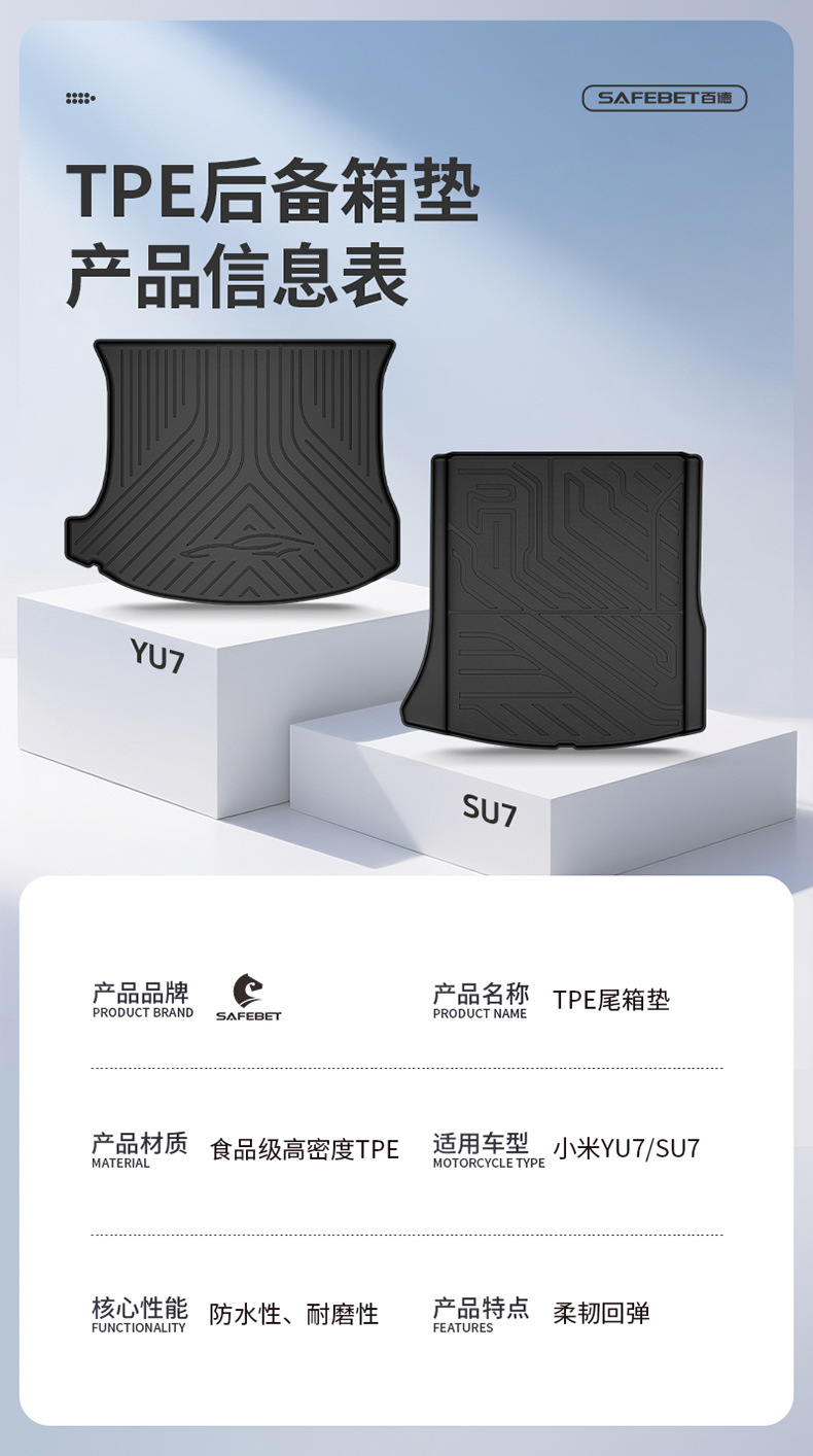 Suitable for Xiaomi Su7 Su7 Ultra Yu7 Special All-Weather Tpe Car Trunk Mat Car Accessories