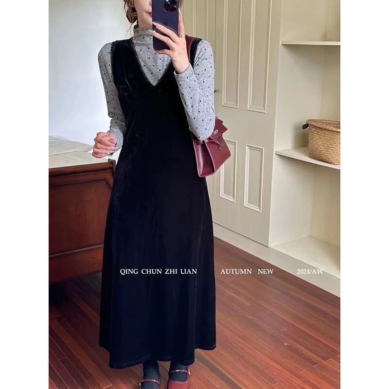 甜辣蕾丝拼接背心连衣裙套装2025女秋半高领波点恤辣妹收腰裙子|undefined