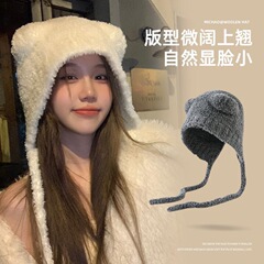 秋冬の女性用クマ巾着帽子、かわいい顔見せ、小さくて暖かい耳保護ニットウール帽子、多用途の包頭帽子