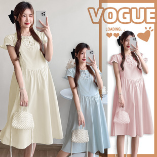 Real Shot 2024 Summer Fashion Maternity Dress Mid-length Dress Lady Crewneck Short Sleeve Dress