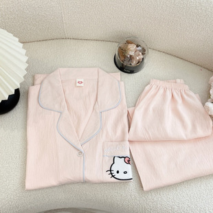 ins Style Pajamas for Women Spring and Summer Thin Tencel Cool Cotton Cat Embroidered Short-sleeved Pants Home Wear Set