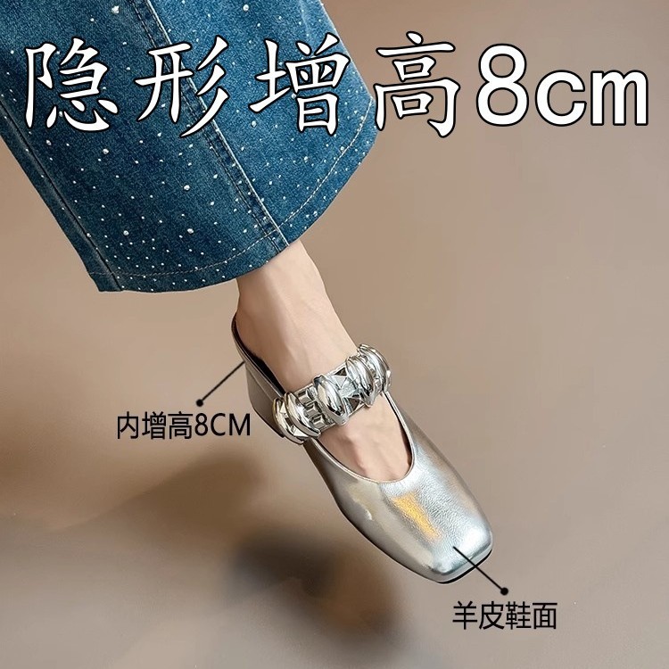 내부 높이 8cm 증가, 발가락 하이힐, 새로운 스타일의 금속 버클, 얕은 입구, 실버 하프 슬리퍼, 여성스러운 프렌치 슬립온 슈즈