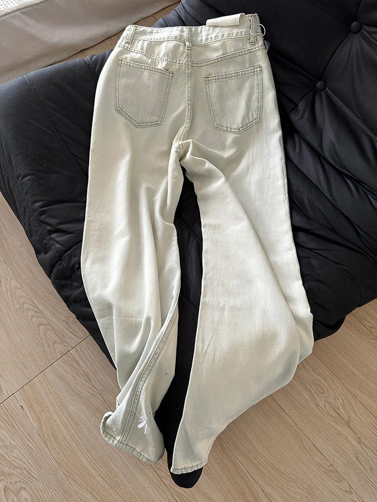 Three Dimensional Bow Design With Hot Diamonds, High Waist And Slim Light Blue Jeans, Washed Straight And Casual Mopping Trousers_ecoleips.com