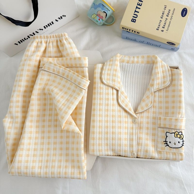 Algodón de aire al por mayor transfronterizo pijama intercalado de mujeres otoño invierno calentamiento algodón intercalado grueso cardigan dulce ropa de casa a cuadros