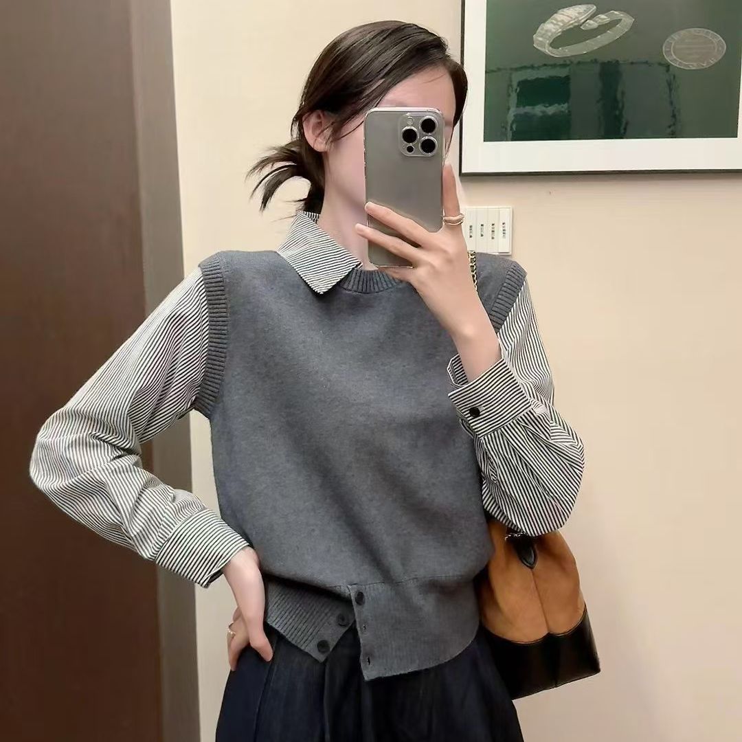 Gongyuweng 2025 Autumn New Fashion Versatile Shirt Sleeve Patchwork Knit Sweater for Women Loose Slimming Fake Two-Piece
