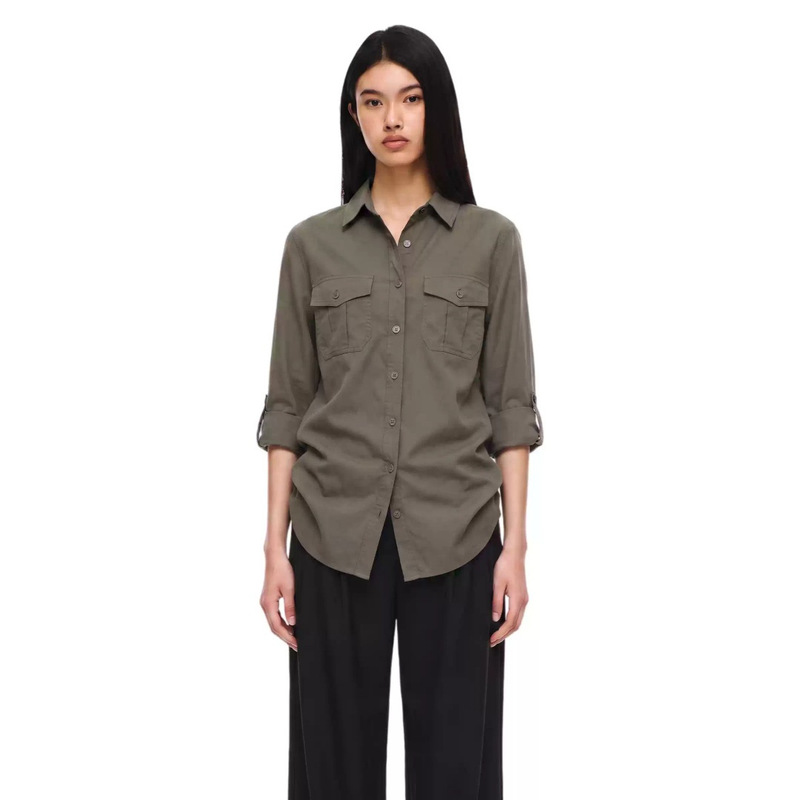 Daisy Bomb Vintage Military Green Work Shirt for Women, Long Sleeve, Turn-down Collar, Double Pockets, Casual Commuting Style Top Daisy Bomb Vintage Military Green Work Shirt for Women, Long Sleeve, Turn-down Collar, Double Pockets, Casual Commuting Style Top