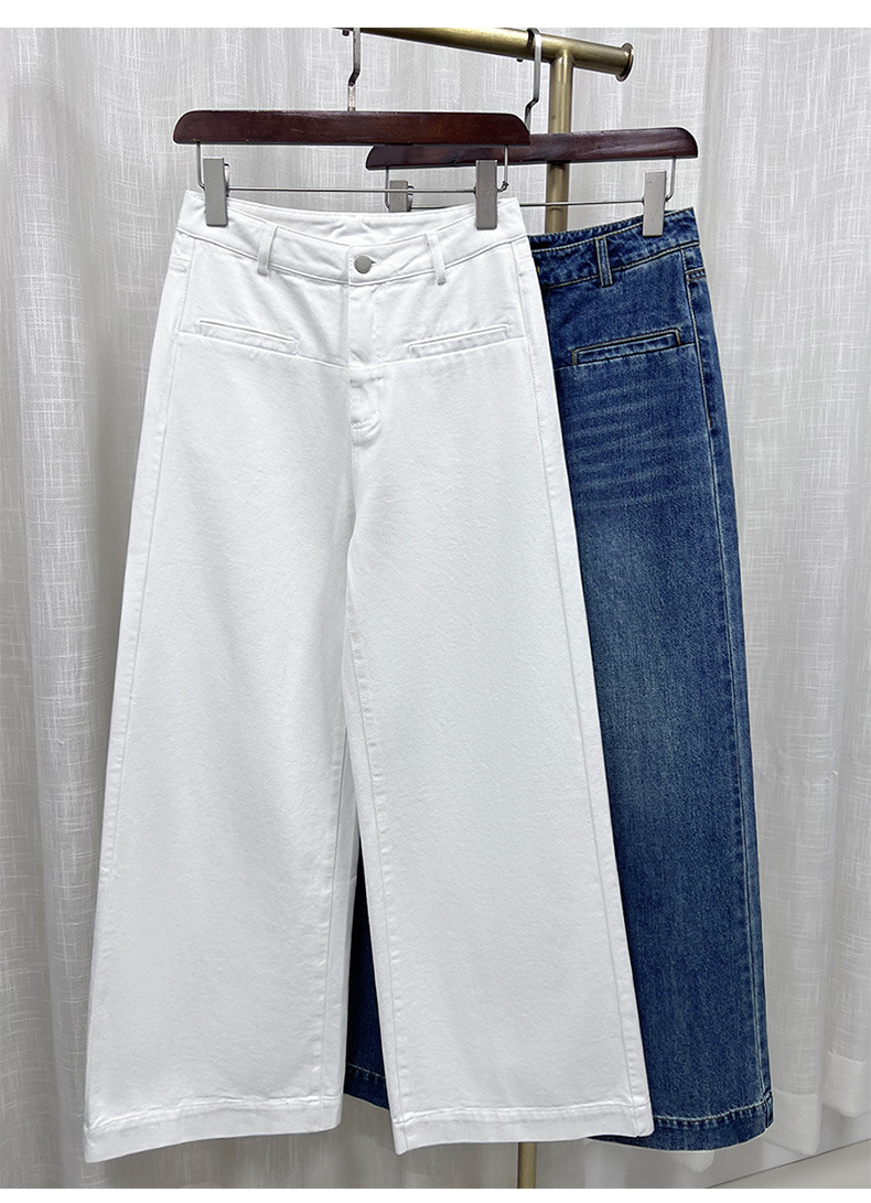 Quần ống loe nữ cạp cao dáng suông rộng chất liệu linen phối sợi tencel — xanh lam chi tiết 4