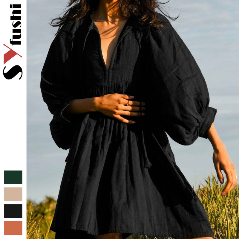 Cross-Border Foreign Trade Fashion Summer Women's Solid Color Large Size Loose Lantern Sleeve Casual Temperament Versatile Dress