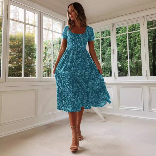 European and American-style wish-neckline bubble-sleeve floral-print maxi dress