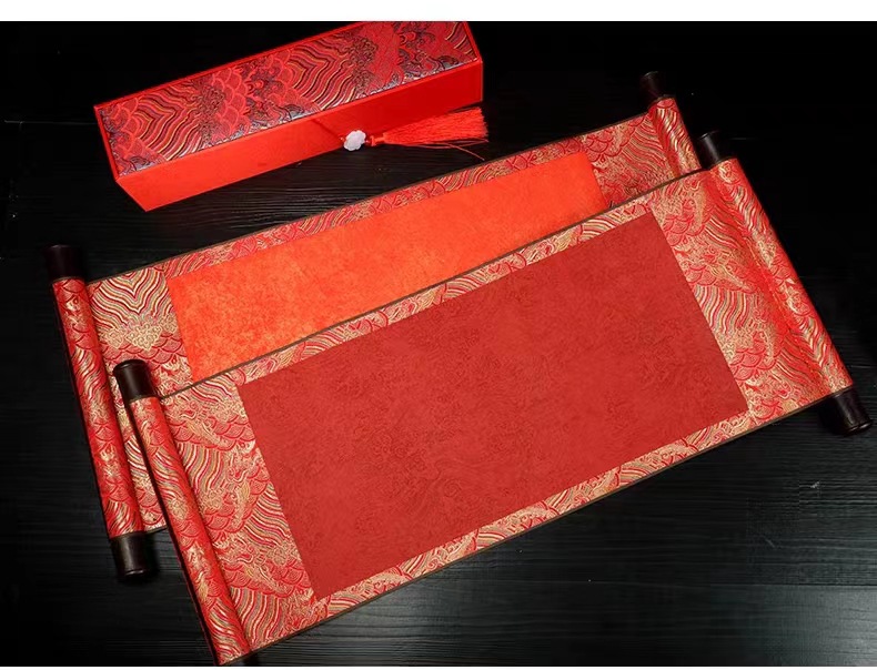 空白大红卷轴婚书拜师帖万年红洒金宣纸挂轴仿古手卷风手写轴