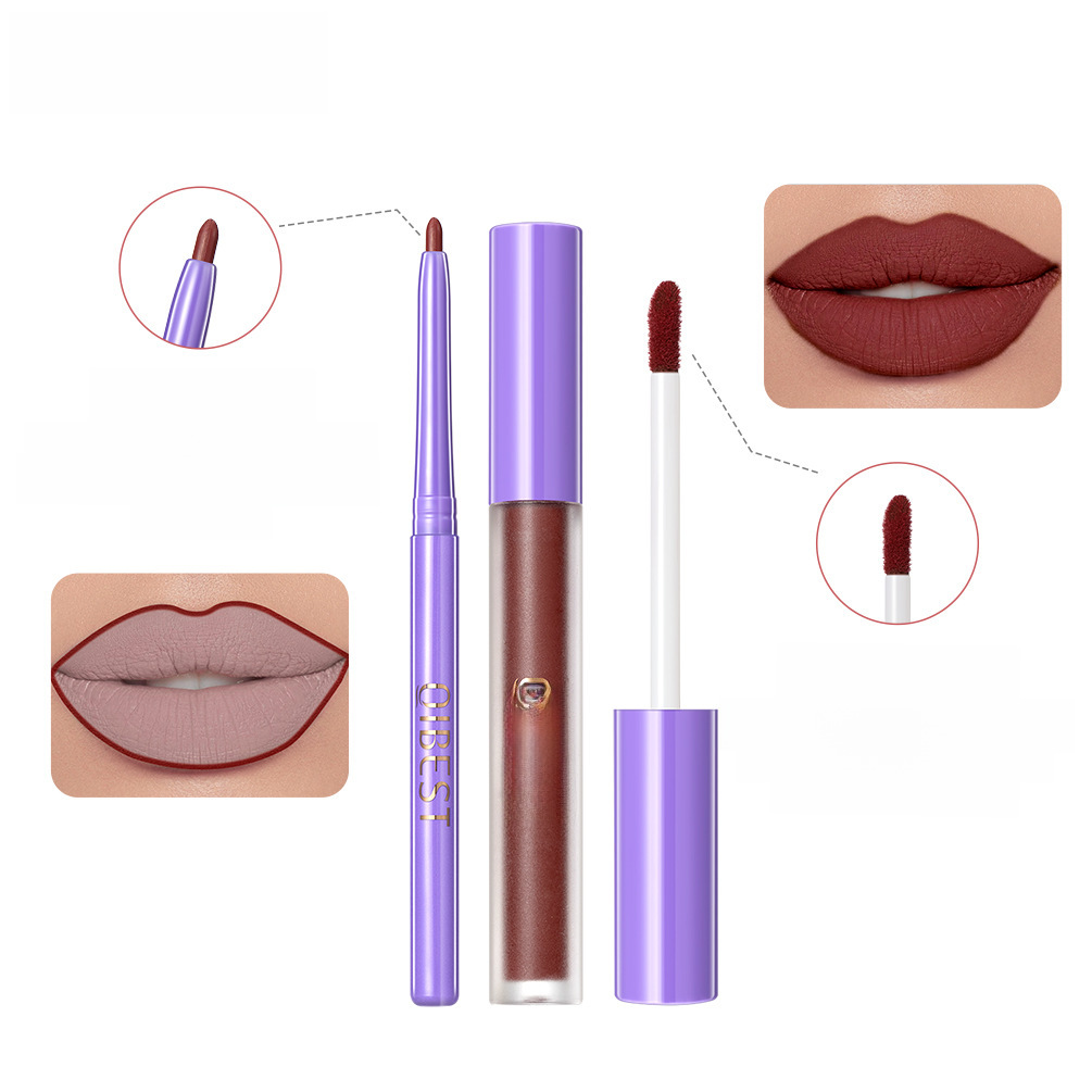 QIBEST new non-stick cup non-fading lip gloss modified lip liner suit matte long-lasting color lipstick