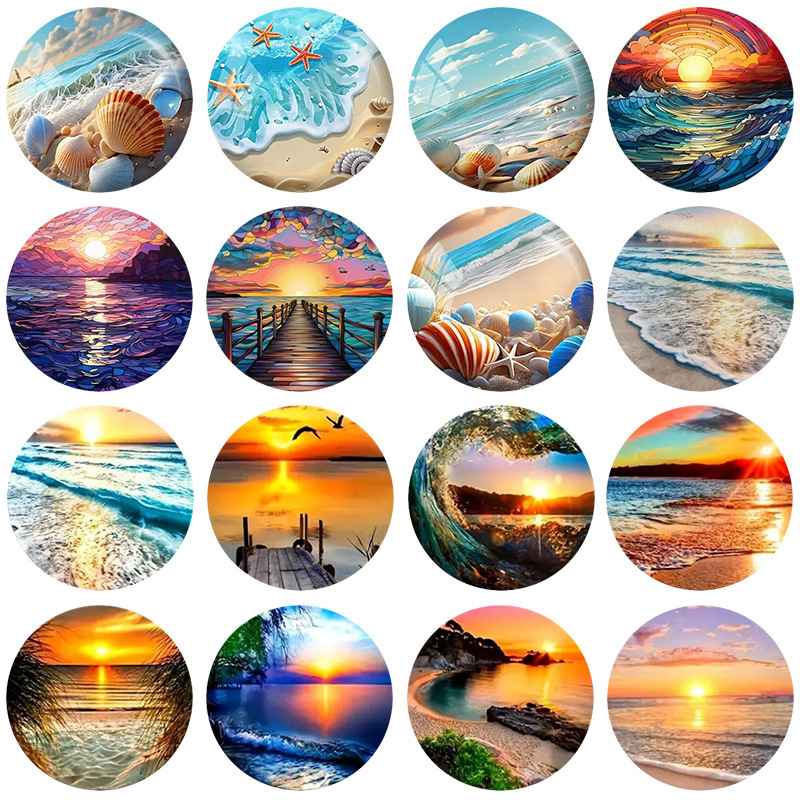 Factory Direct Sales Holiday Style Beach Sunset Scenery Time Gemstone Glass Patch Soft Magnetic Refrigerator Magnet Dropshipping