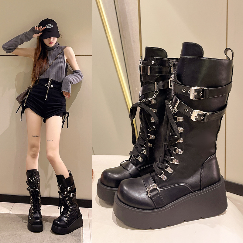 Damenschuhe mit Nietenschnalle, dickem Absatz, mittelhoher Stiefel, Ritterstiefel im Gothic-Punk-Stil_voghion.com