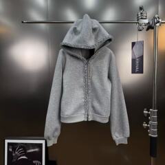 美式复古风立体牛角拼接设计感连帽长袖卫衣外套