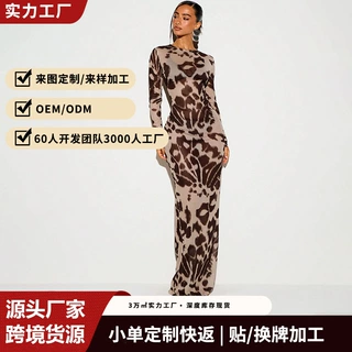 欧美跨境爆款性感动物纹印花网纱连衣裙修身显瘦辣妹长袖包臀裙