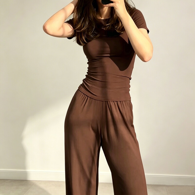 Cross-Border Foreign Trade European and American Sexy Fashion Round Neck Slim Fit Casual Versatile Loose Elastic Wide-Leg Pants Set for Women
