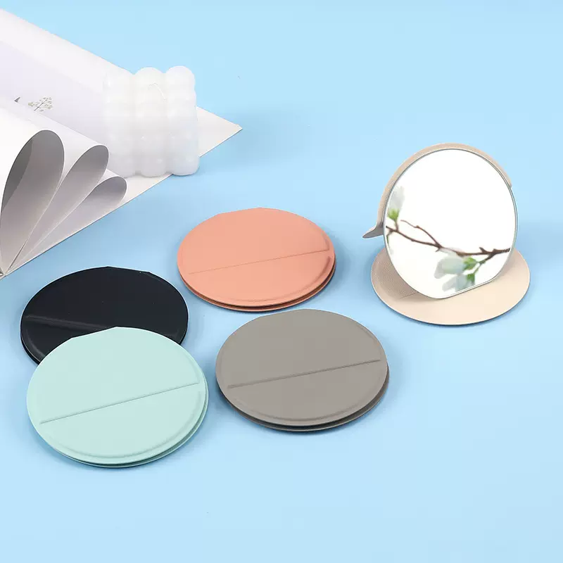 现货桌面圆形化妆镜纯色pu皮ins简约便携 高清现代可折叠学生补妆