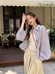 蓝色条纹灯笼长袖衬衫女秋季百搭休闲开衫衬衣设计感小众翻领上衣