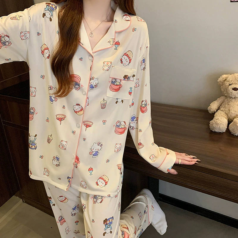 Sanrio, японский бренд мультяшной пижамы на весну, с длинным рукавом, кардиган, рубашка, набор, тренд сезона