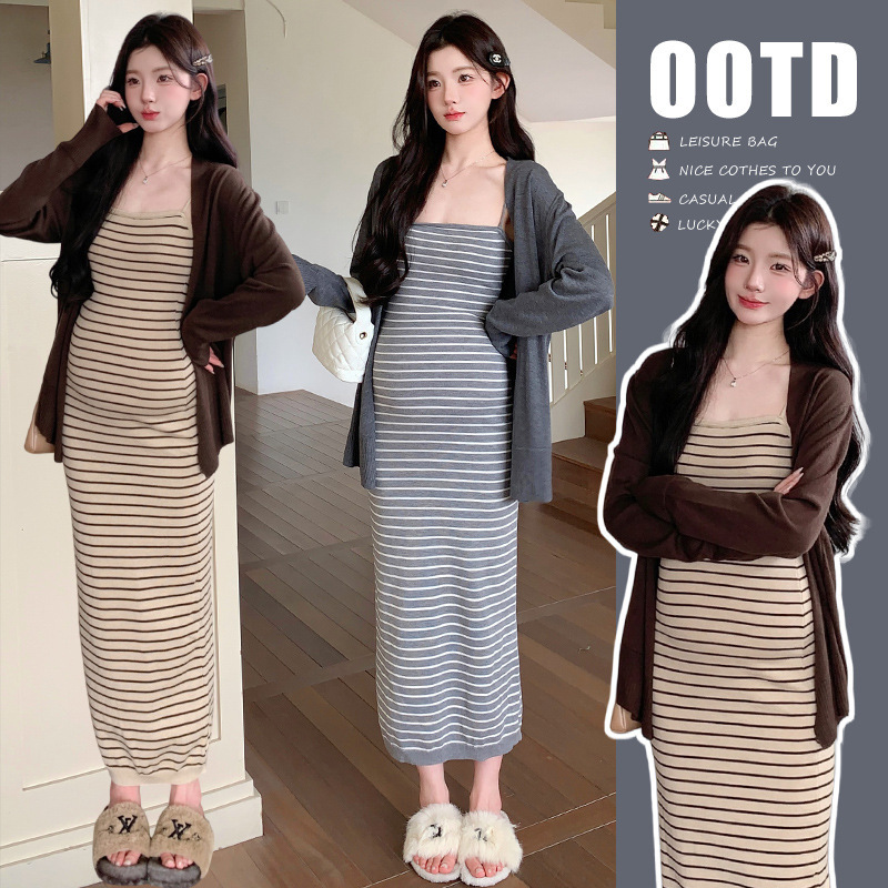 Maternity wear for autumn: slim-fit, sweet, stylish striped knitted dress and cardigan two-piece set Maternity wear for autumn: slim-fit, sweet, stylish striped knitted dress and cardigan two-piece set