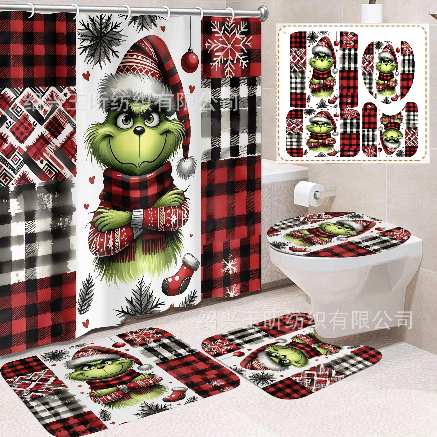 Tela de cortina de ducha transfronteriza, cortina de ducha impermeable, alfombra antideslizante de baño, juego de Grinch 4 de pelo verde al por mayor, sin perforación