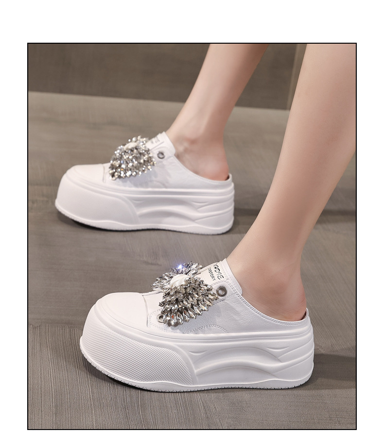 Dép nữ đế dày tăng chiều cao mũi trùm đính đá phong cách casual — màu đen, màu trắng, màu vàng chi tiết 14