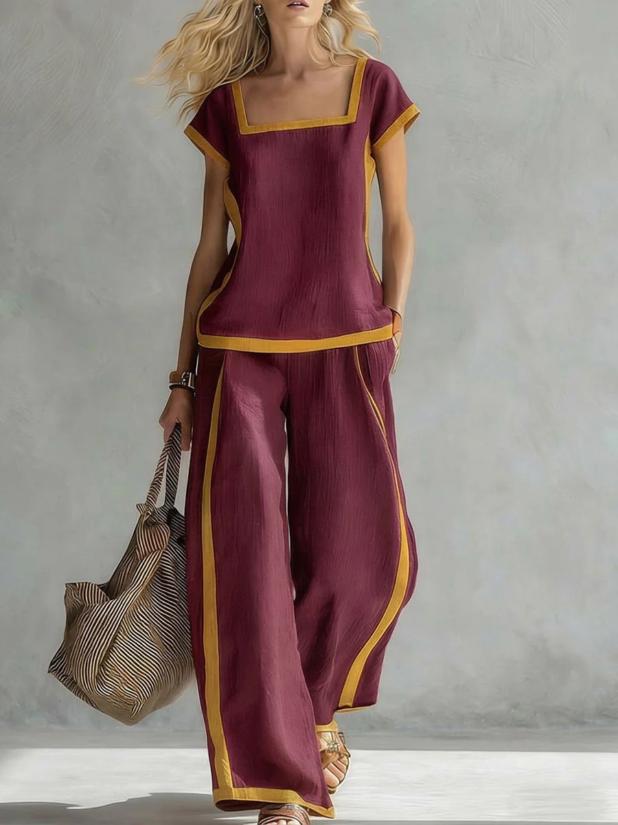 Women's Clothing Women's Cotton Linen Set Square Neck Short Sleeve Top High Waist Casual Loose Trousers Style_ecoleips.com