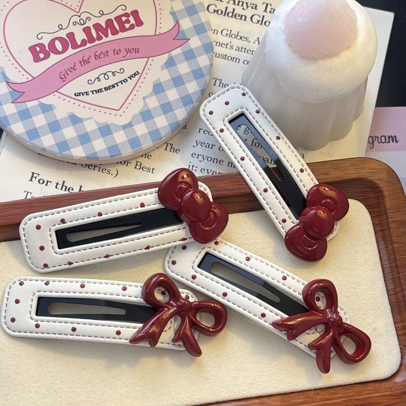 한국판 안코라 레드 리본 스윗 가죽 머리핀 BB 사이드 뱅 클립 사이드 헤드웨어 머리핀 머리핀