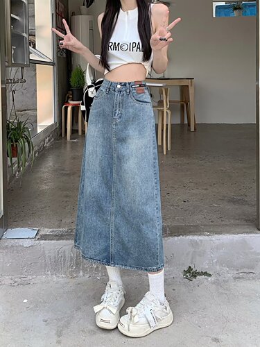 High-waisted denim skirt for women spring and autumn  new retro a-line mid-length slim hip skirt hot girl fashion