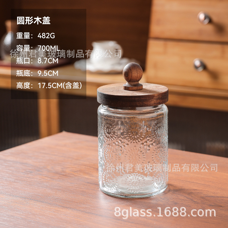 Tanque de almacenamiento de vidrio retro Begonia casera granos naranja frutas secas lata de almacenamiento de té lata de Acacia cubierta de madera mayorista