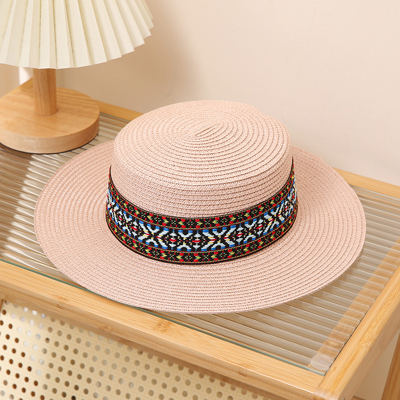 Vintage Straw Sun Hat For Beach Bohemian Flat Top Sun Protection_voghion.com