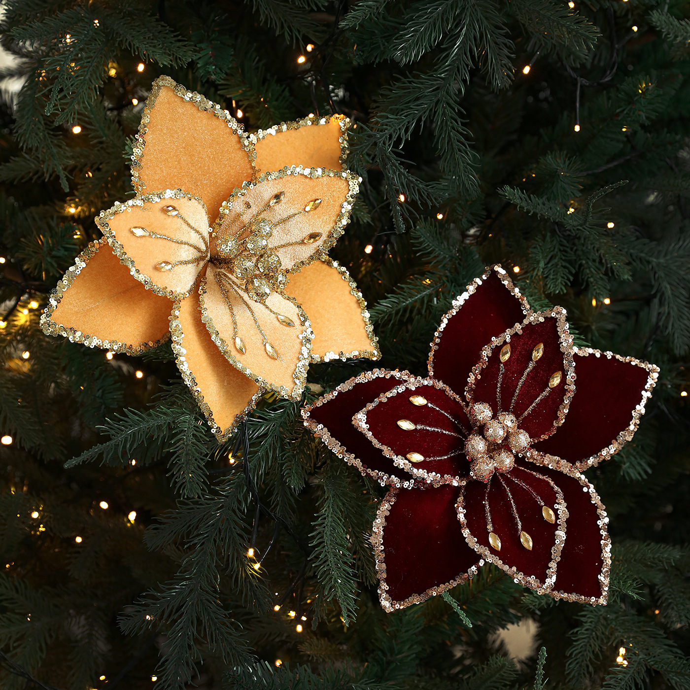 Nuevo producto 26CM tela de alta calidad flores de Navidad polvo de oro flor de polvo de polvo flor de Navidad decoración de caña de corolla