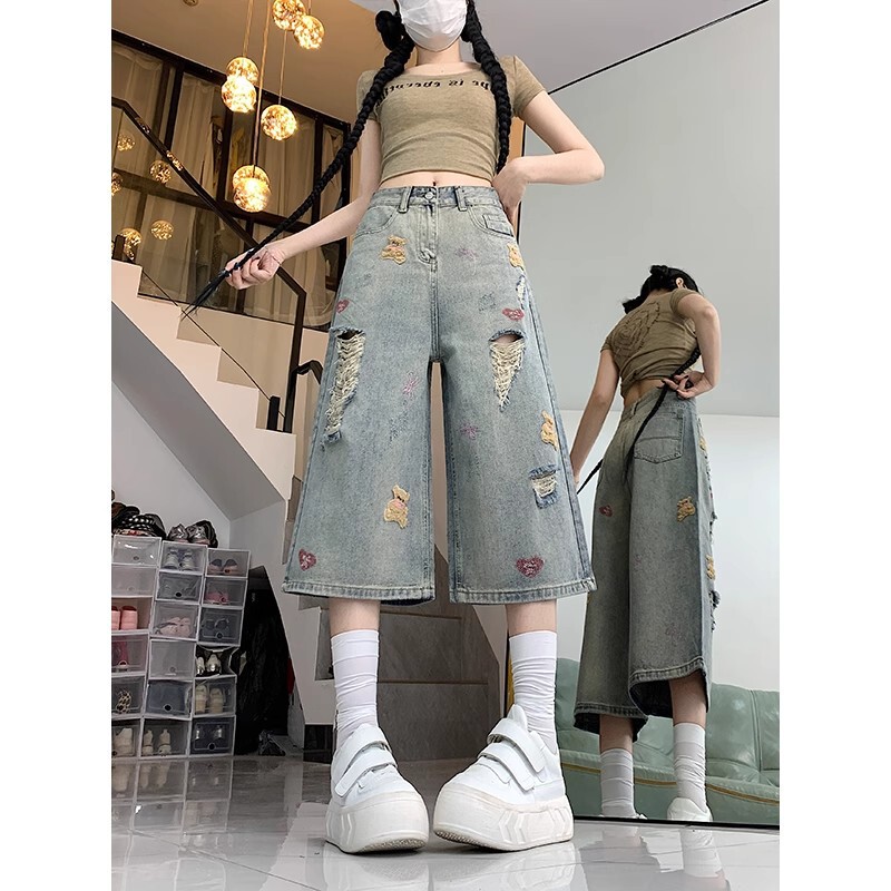 Plus Size Super Popular Cropped Denim Shorts for Women Summer 2025 New Trendy Cool Personality Ripped Bear Embroidery Loose