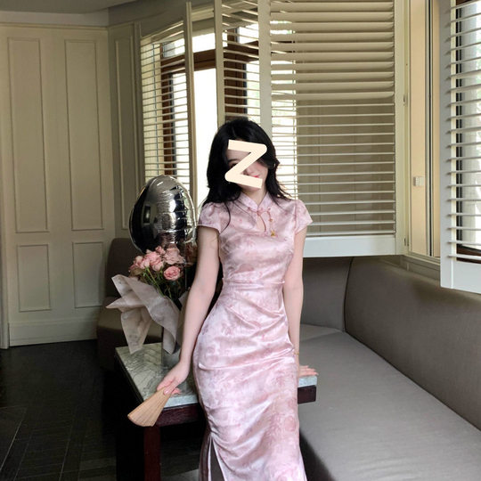High-end national style stand collar jacquard silk right angle shoulder new Chinese modified short sleeve cheongsam dress a batch