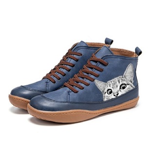 Cross border Printed cat series boot has printed cat comfortable plus size flat boots in stock