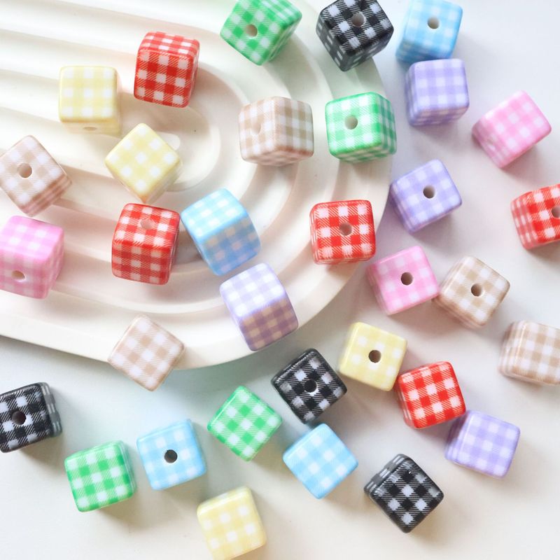 8-Color Plaid Colorful Checkered Square Bead Printed Squares Straight Hole Beads DIY Phone Chain Pendant Material Loose Beads