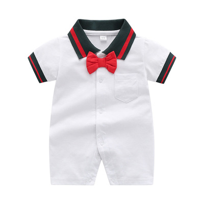 summer Thin section baby Short sleeved Climbing clothes pure cotton Conjoined clothes baby Package hip bow Gentleman Romper