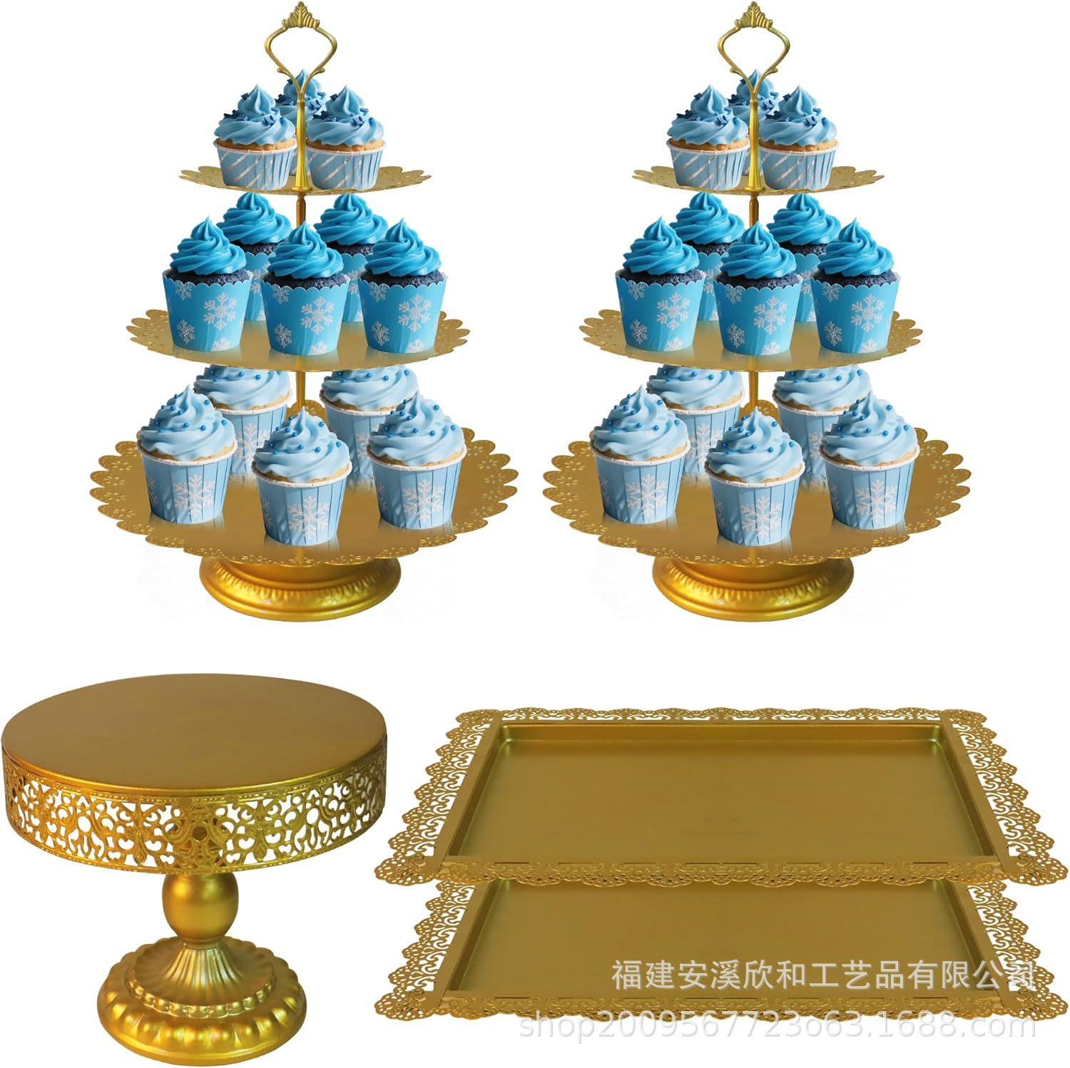 Mayorista hierro forjado estante de pastel de tres piezas set de postres postres altos pies dorados props de boda fiesta postres tabla de exhibición estante