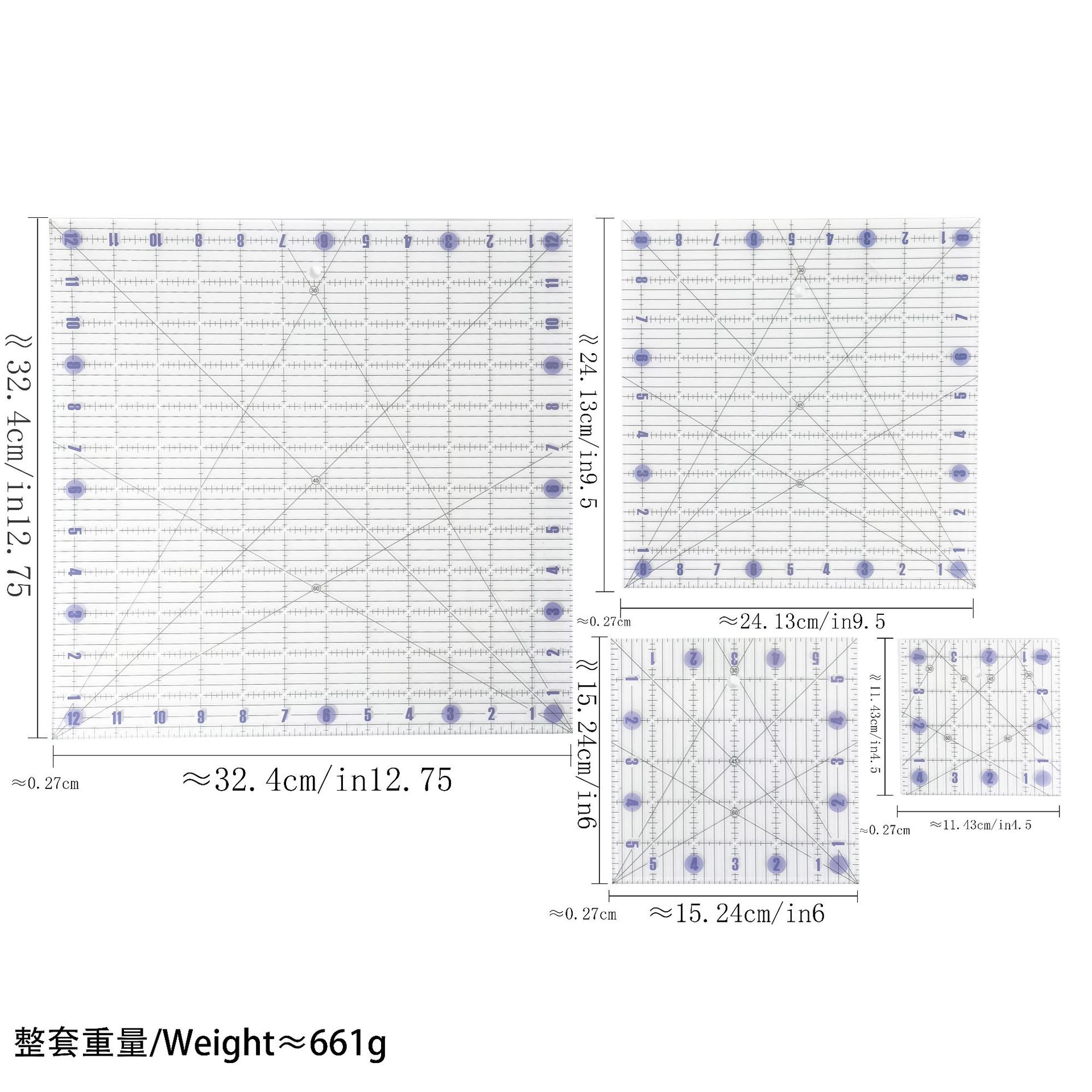 Regla de diseño de ropa Regla de mosaico de costura de forma especial de acrílico 90 ° Tela de corte Colección de plantillas de mosaico de doble regla