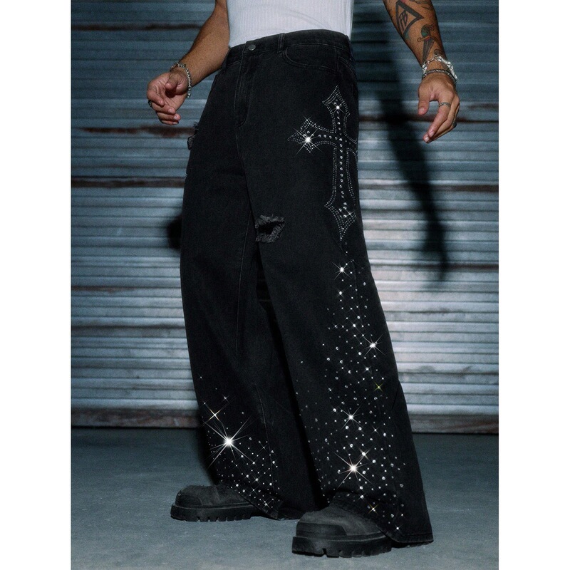 Popular Foreign Trade Item: European and American High Street Style Black Jeans for Men, Cross-Shaped Rhinestone-Studded Ripped Wide-Leg Pants, New Cross-Border Model