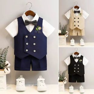 Children's Suit Suit Boy Spring and Summer Short-Sleeved Vest Flower Girl Suit Baby First Birthday Kids Suit Performance Suit