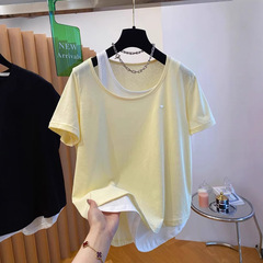 特大サイズ 120kg 韓国スノーフレークコットンフェイクツーピース Tシャツレディース半袖 2025 新しいルーズカジュアルシンプルトップ