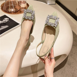 Design Sense Niche Low Heels French Retro Single Shoes Evening Style Elegant Celebrity Rhinestone Square Buckle Back Strap Sandals