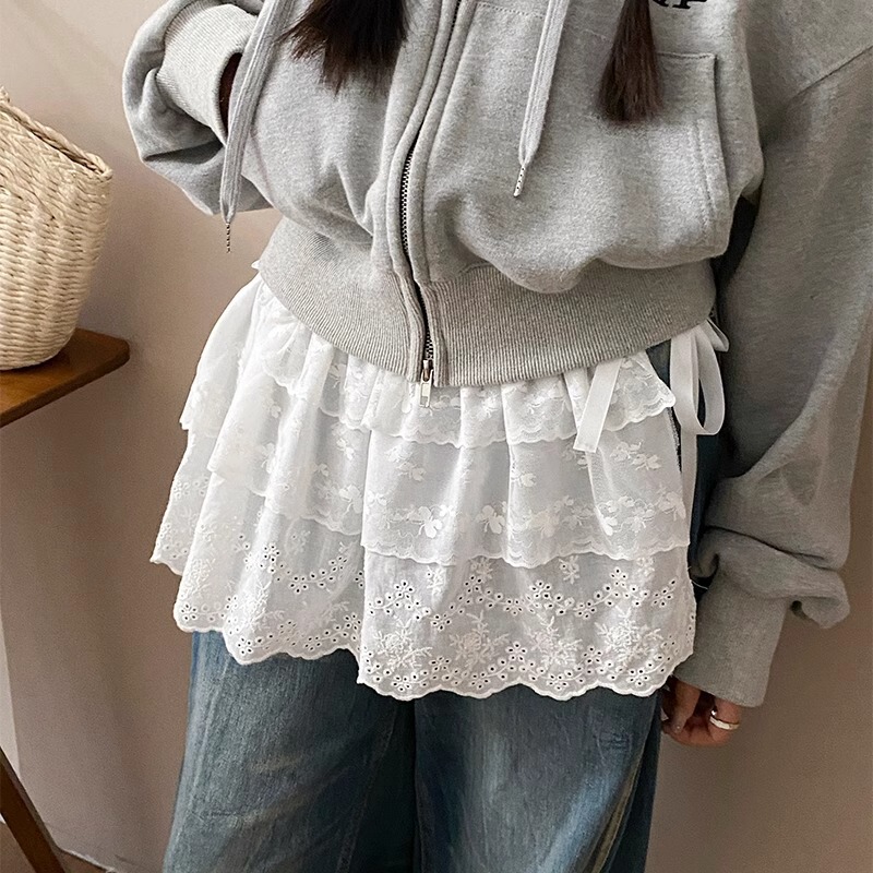 White Lace Fart Curtain Women's 2025 Spring New Stacked High-grade Base Shirt Korean Style All-match Skirt