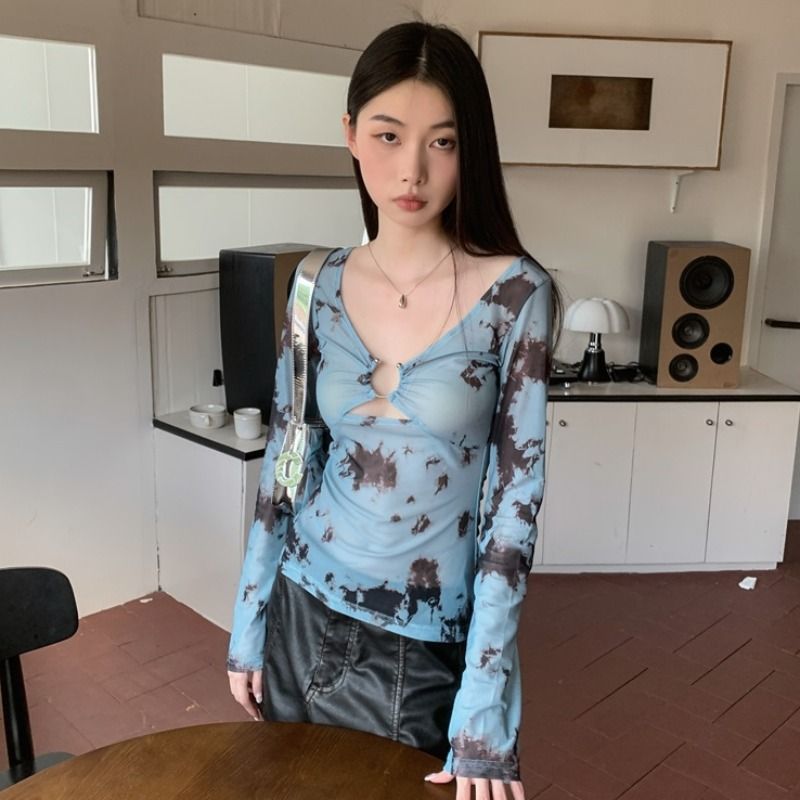 V領修身彈力網紗扎染防曬衫女夏2025美式復古千禧甜辣妹長袖上衣